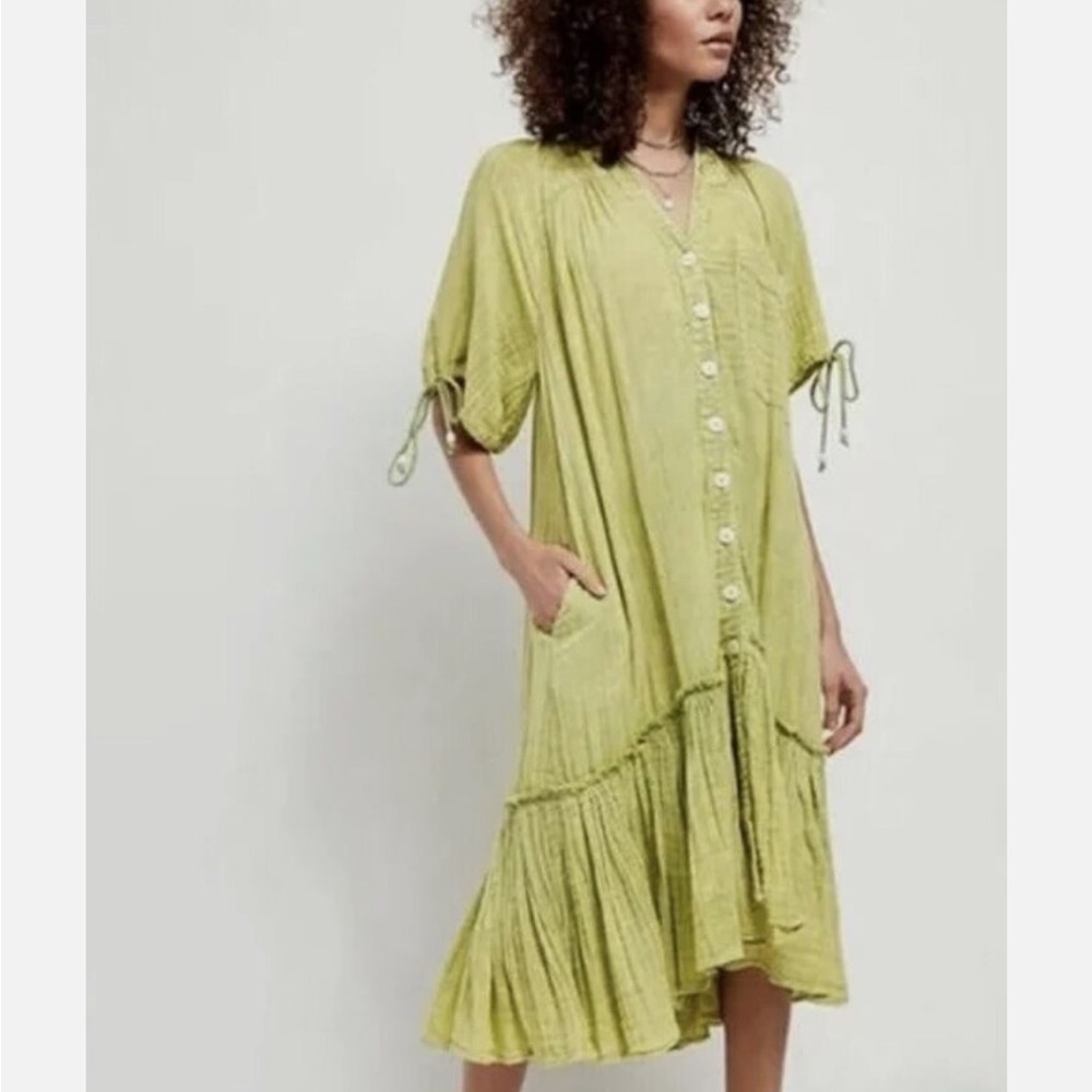 Free People Green Puff Sleeve Ruffled Midi Dress
